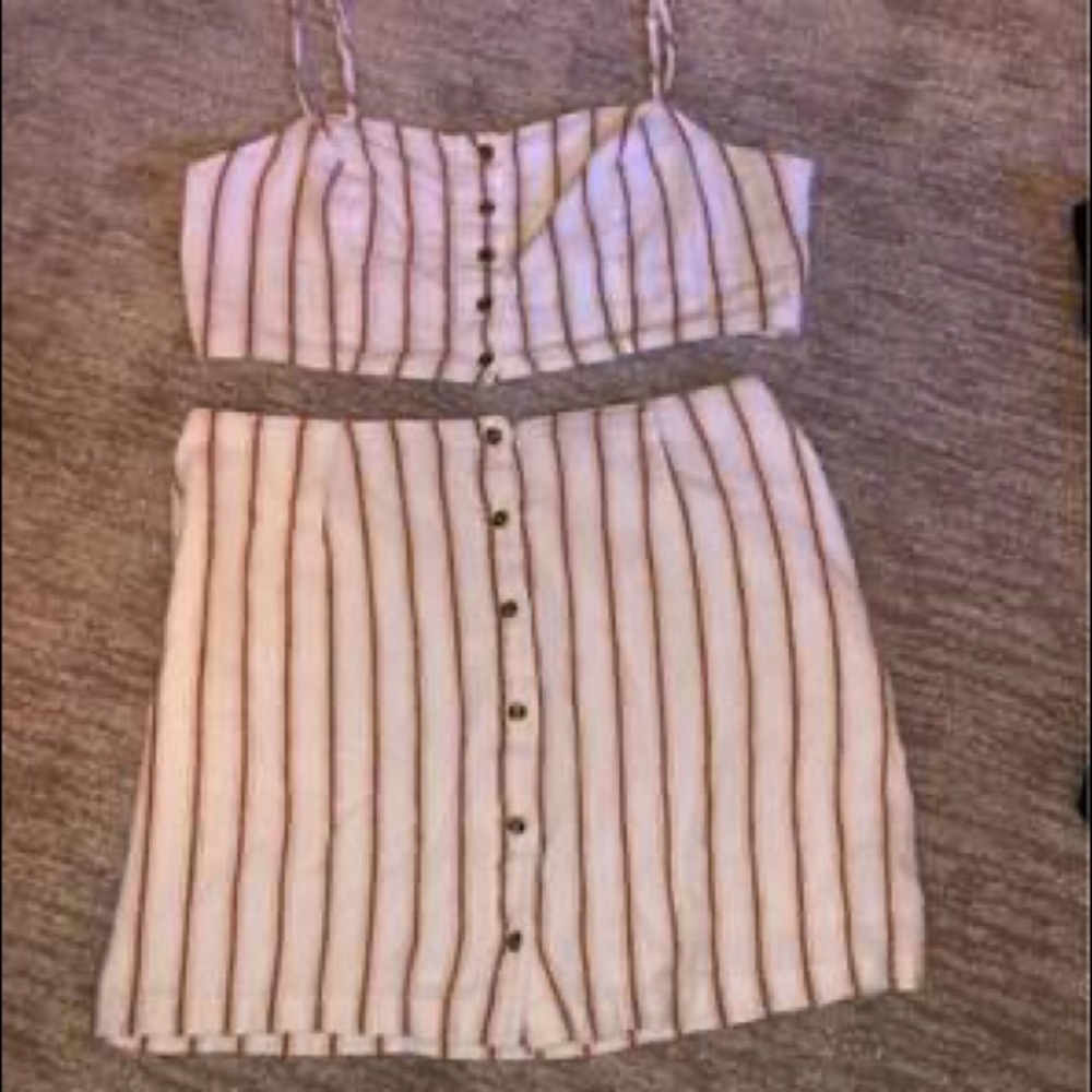 Two piece crop and high waisted skirt.